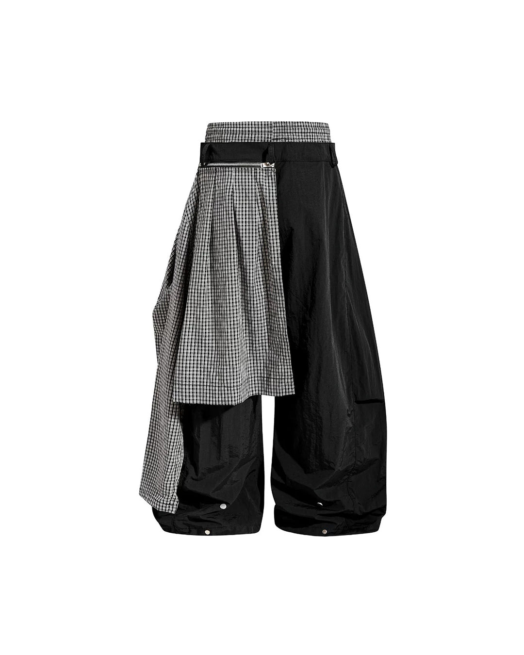 DOUBLE WAIST PLAID APRON PARACHUTE PANTS - BLACK