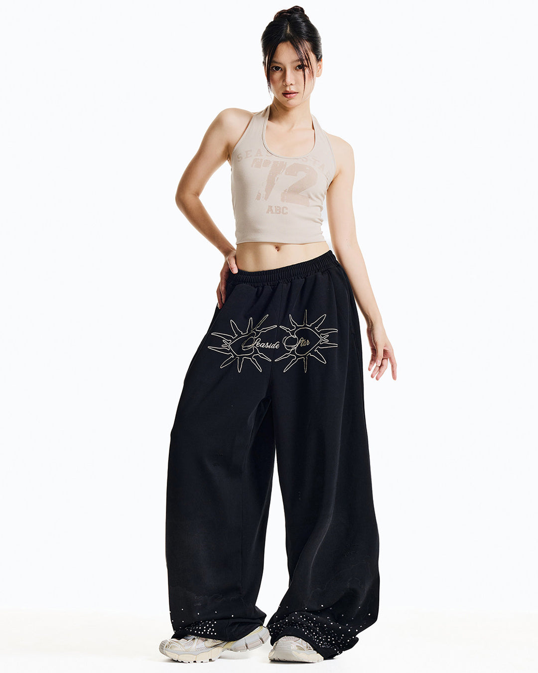 VINTAGE EMBROIDERED GRADIENT RHINESTONE SWEATS - BLACK