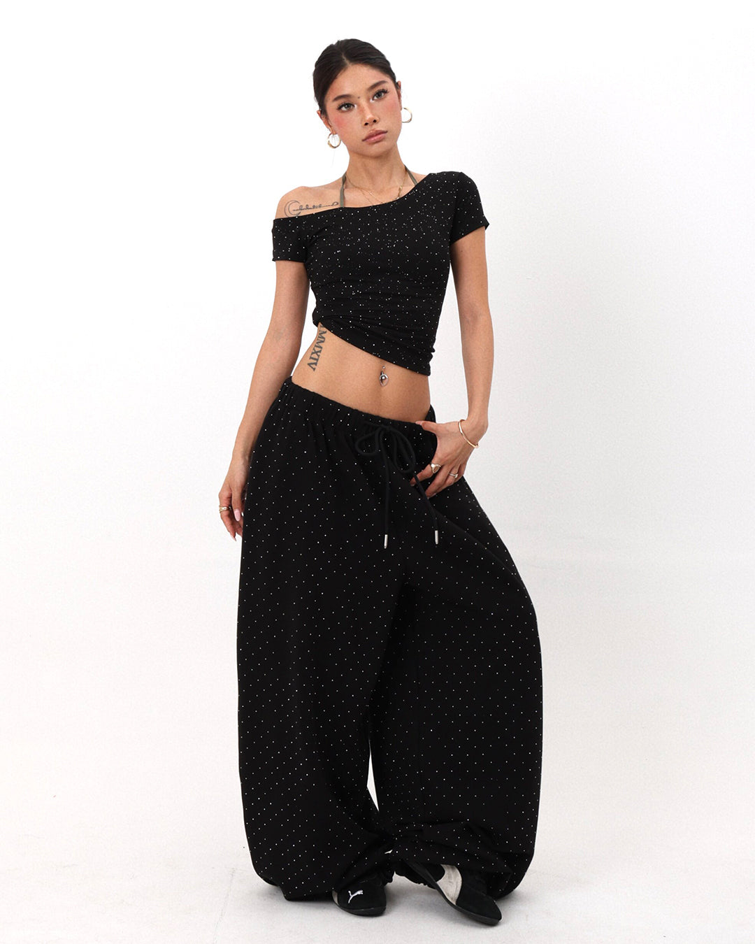 STARLIGHT RHINESTONE EMBELLISHED JAZZ PANTS - BLACK