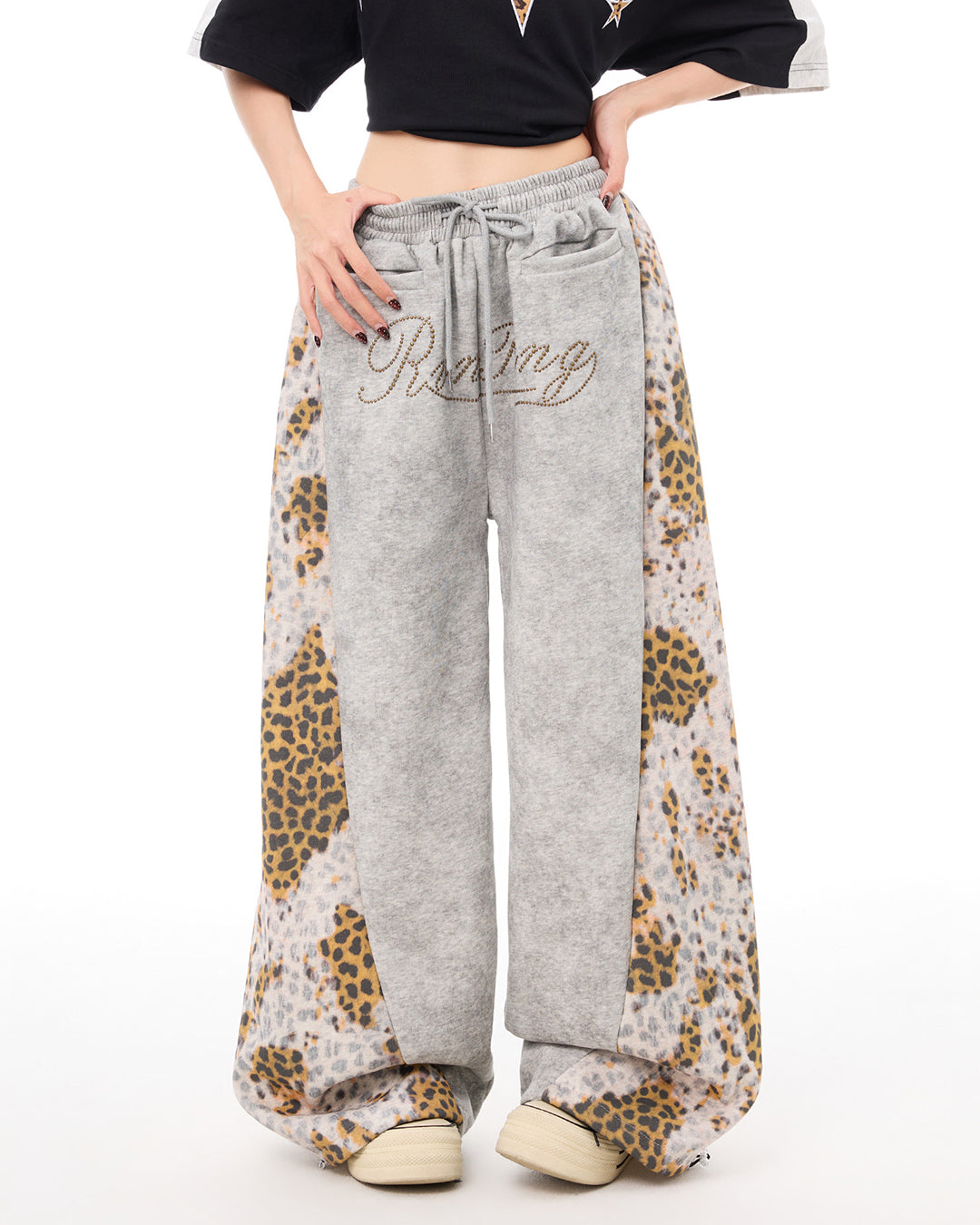 VINTAGE DIRTY-WASH LEOPARD PANEL BEADED JOGGERS - GREY