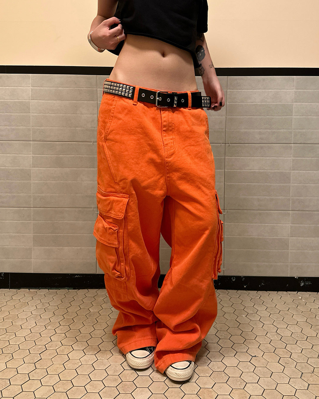 MULTI-POCKET WIDE LEG CARGO PANTS - ORANGE