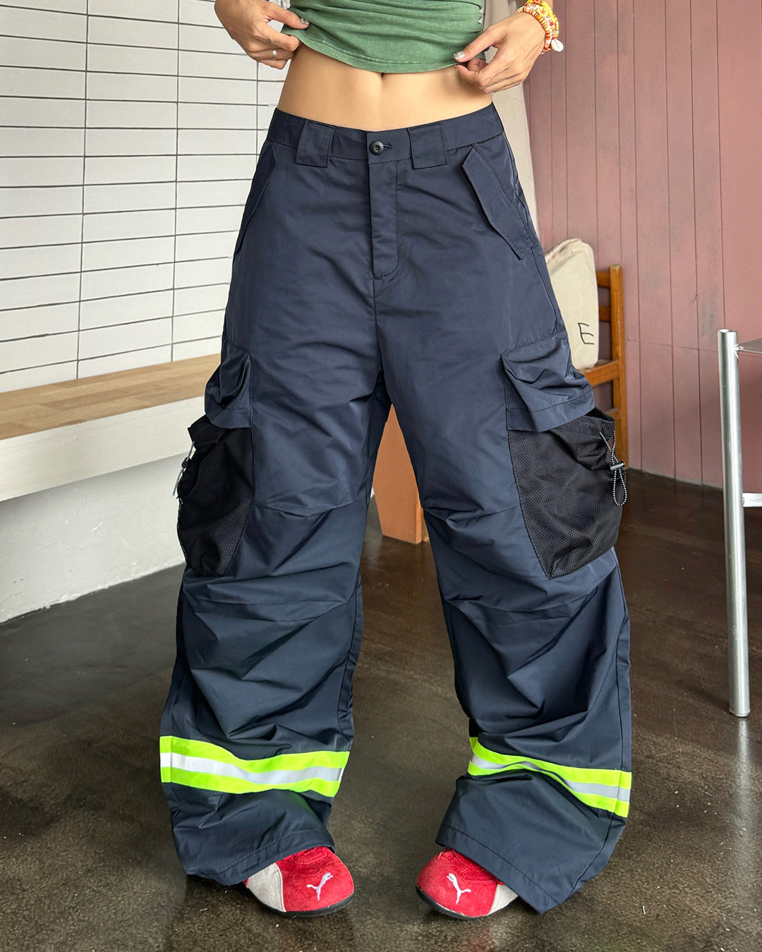 STREETWEAR REFLECTIVE STRIP CARGO PANTS - NAVY BLUE
