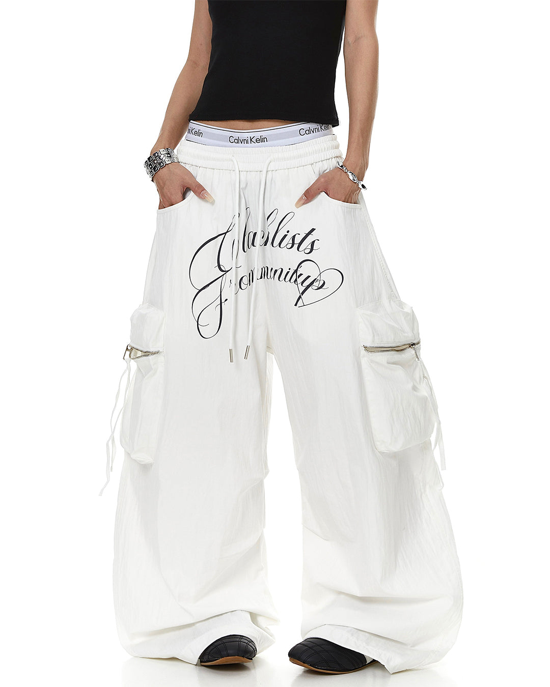 LETTER PRINT MULTI-POCKET PARACHUTE CARGO PANTS - WHITE