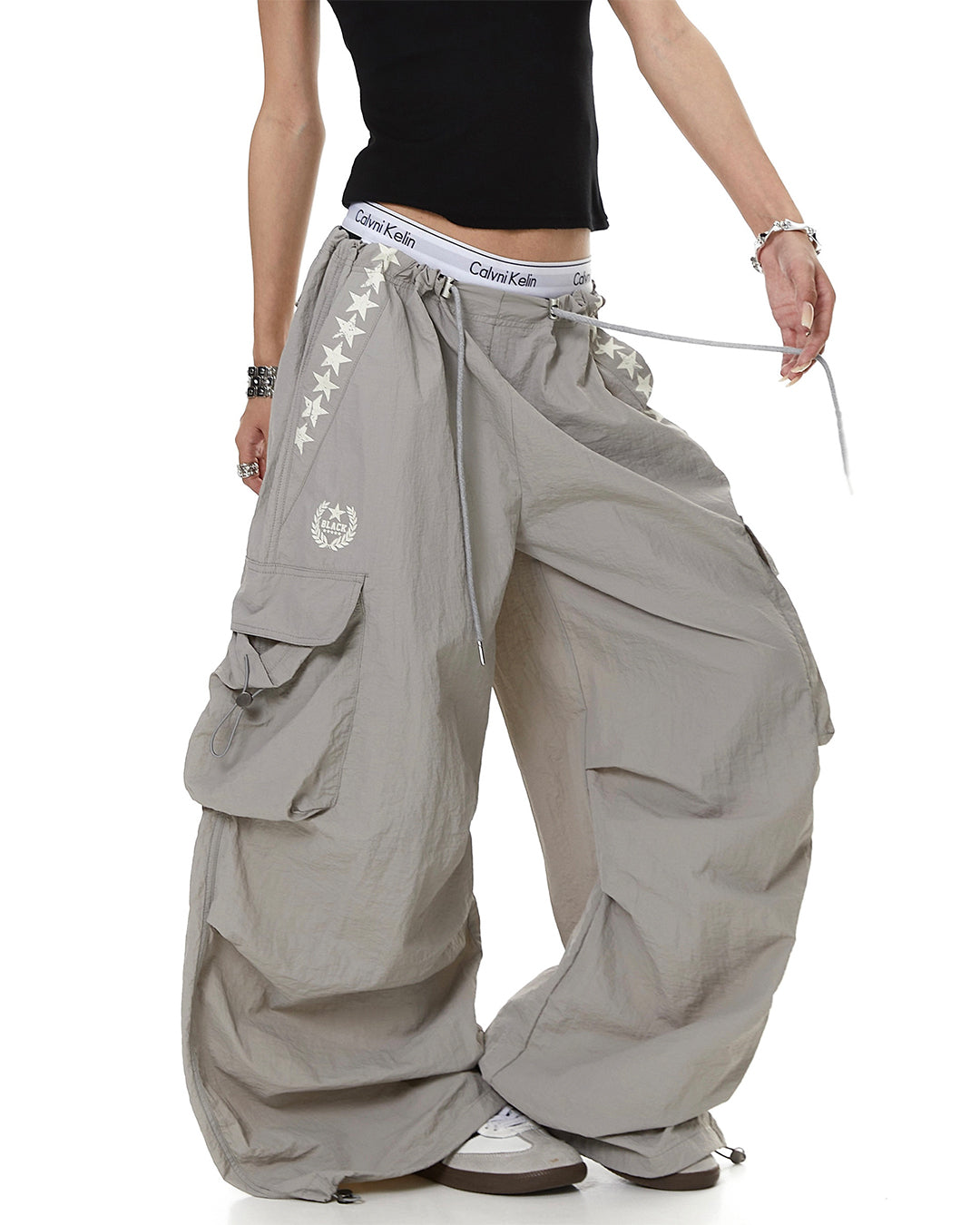 STAR PRINT PLEATED QUICK-DRY CARGO PANTS - GREY