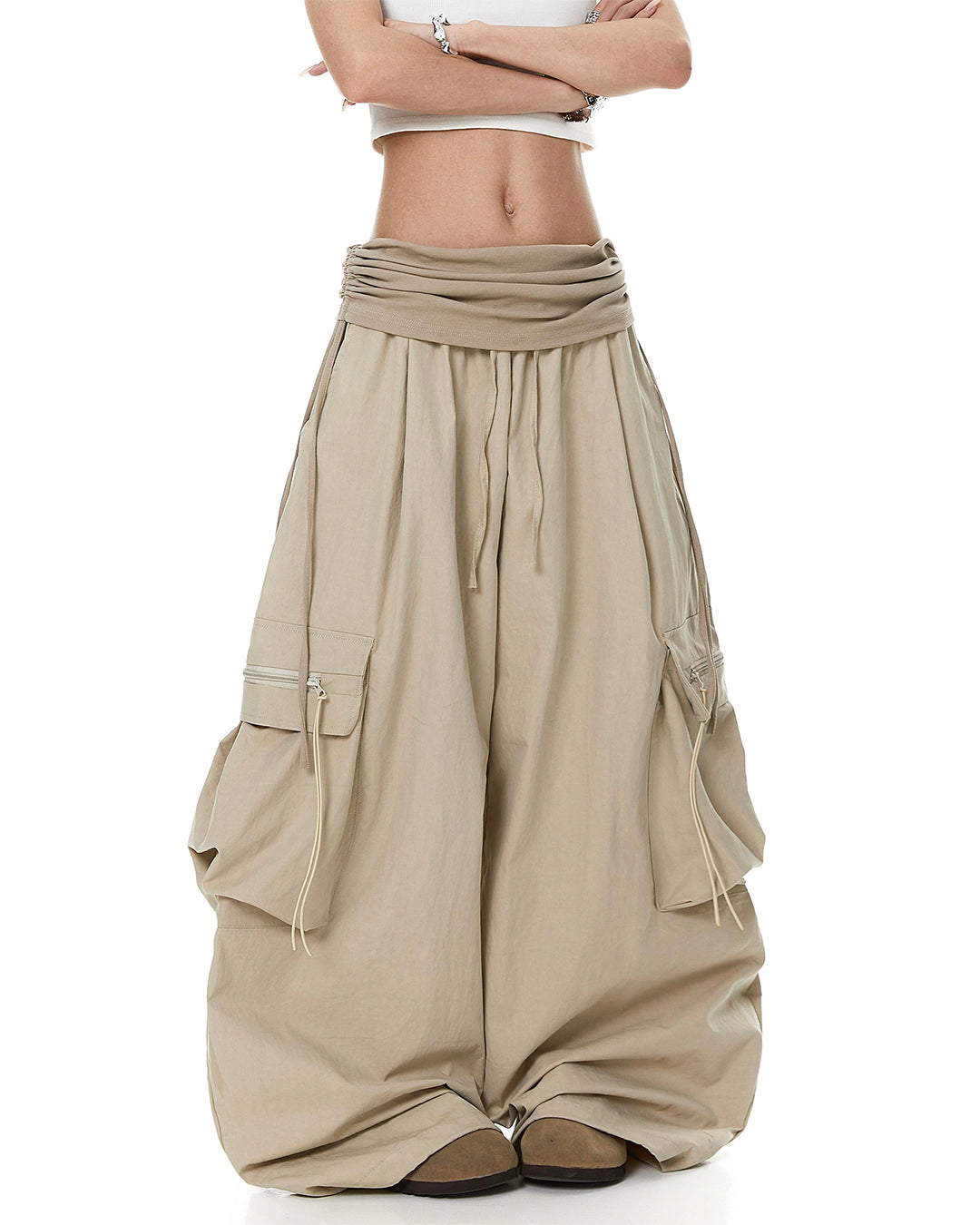 FOLD-OVER WAIST RUCHED PARACHUTE PANTS - KHAKI