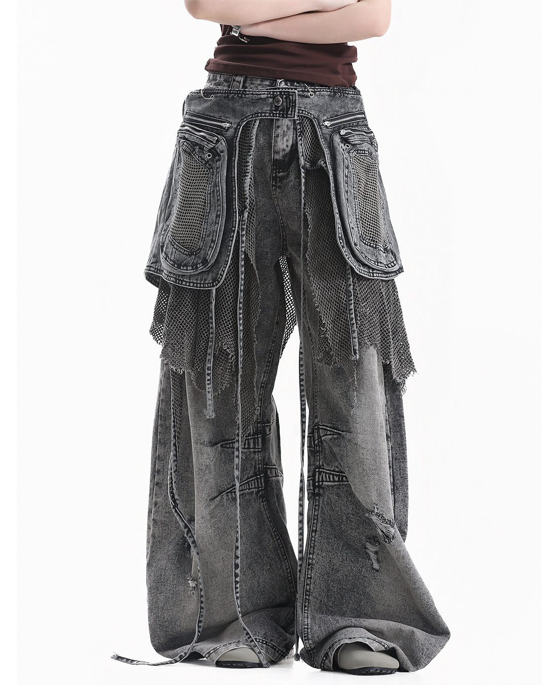 STREET CONVERTIBLE CARGO SCIMITAR DENIM PANTS - BLACK &amp; GREY