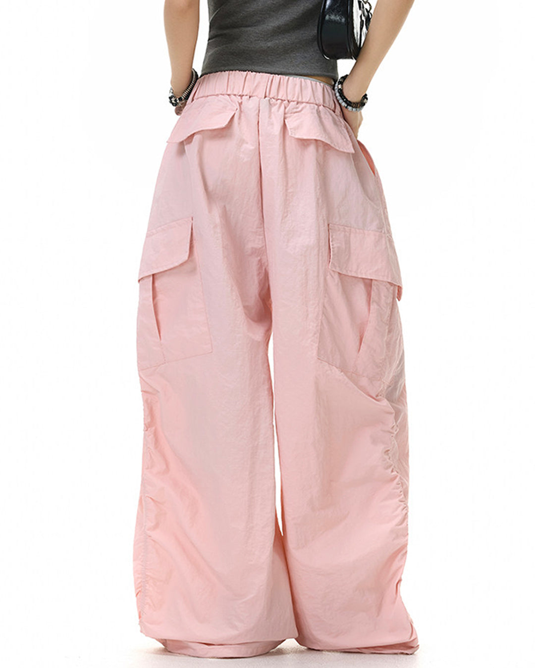 LEOPARD LETTER EMBROIDERY PARACHUTE PANTS - PINK