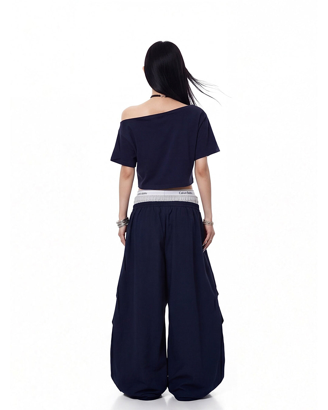 ASYMMETRIC OFF-SHOULDER CROPPED T-SHIRTS - NAVY BLUE