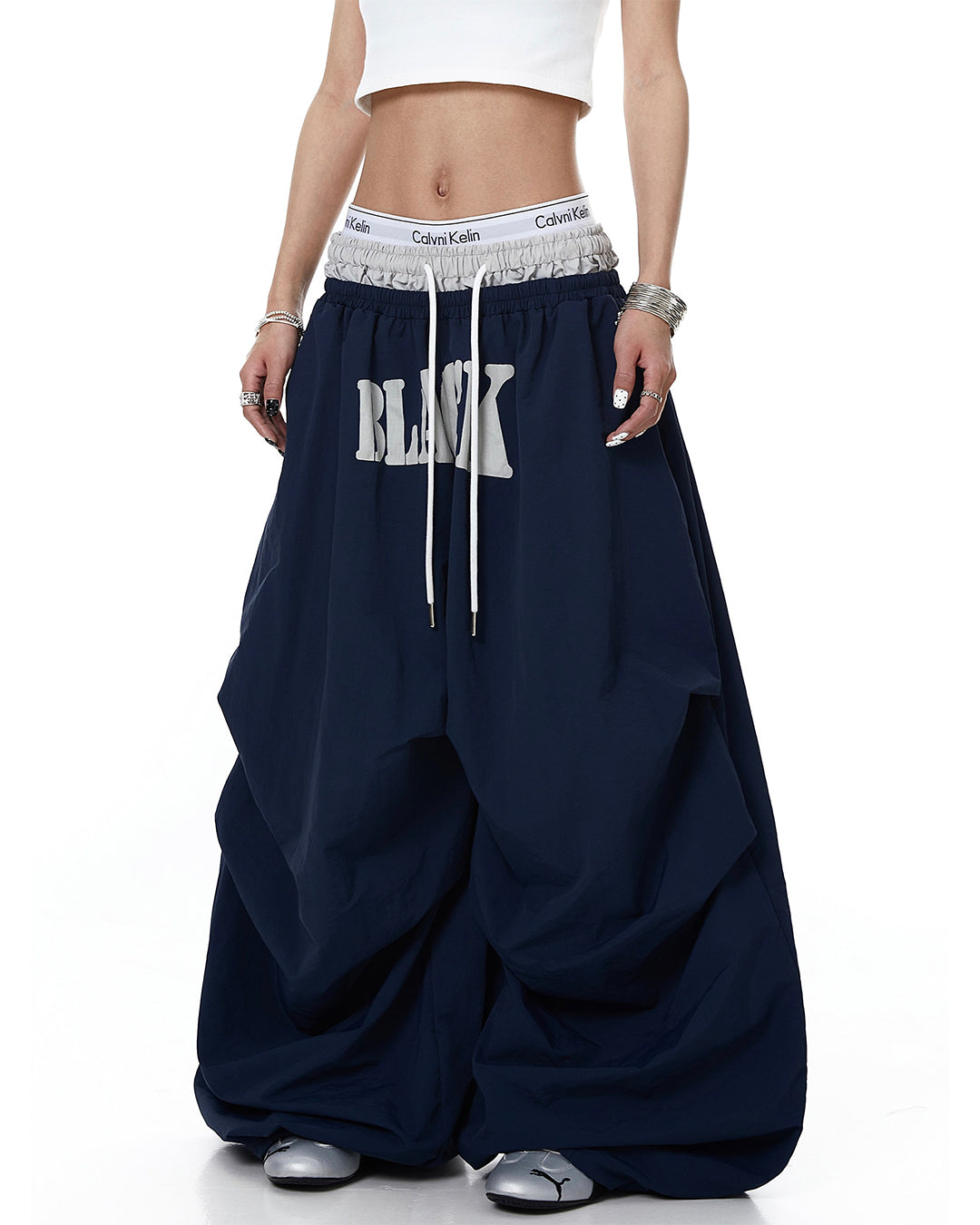 DOUBLE-WAIST LETTER PRINT PARACHUTE PANTS - NAVY BLUE
