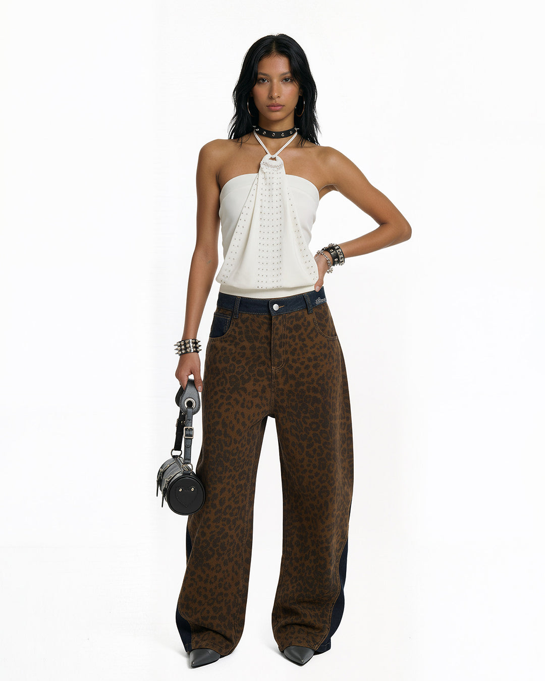 VINTAGE RIVET DETAIL FAUX TWO-PIECE CAMI TOPS - WHITE