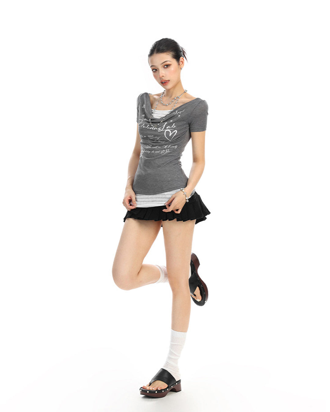 GRAPHIC LETTER LAYERED-LOOK DRAPED T-SHIRTS - GREY