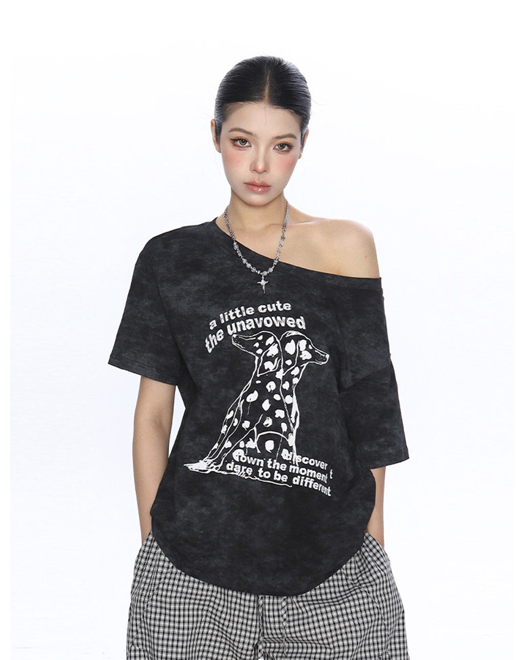 DALMATIAN PRINT ASYMMETRIC SHOULDER T-SHIRTS - BLACK