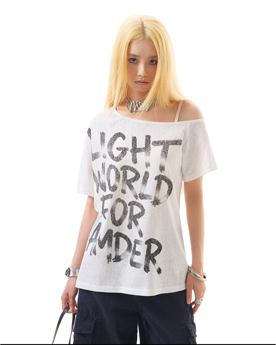 LETTER GRAPHIC OFF-SHOULDER LOOSE FIT T-SHIRTS - WHITE