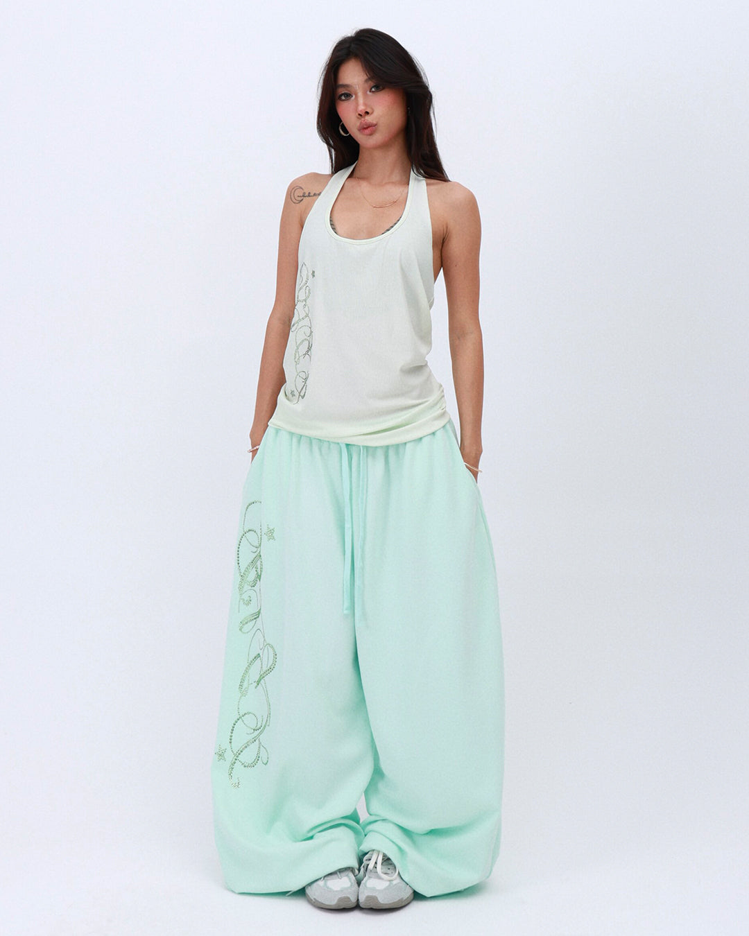 SPARKLE RHINESTONE RELAXED SPORTS PANTS - MINT