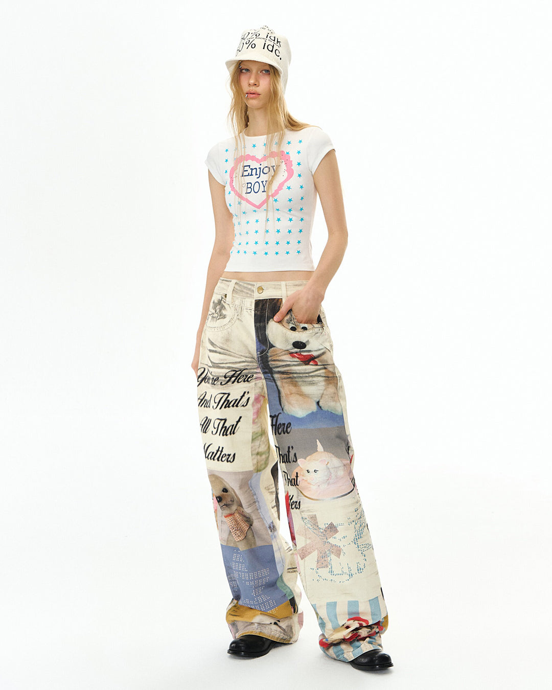 PLUSH PUPPY PRINT DENIM JEANS - OFF WHITE