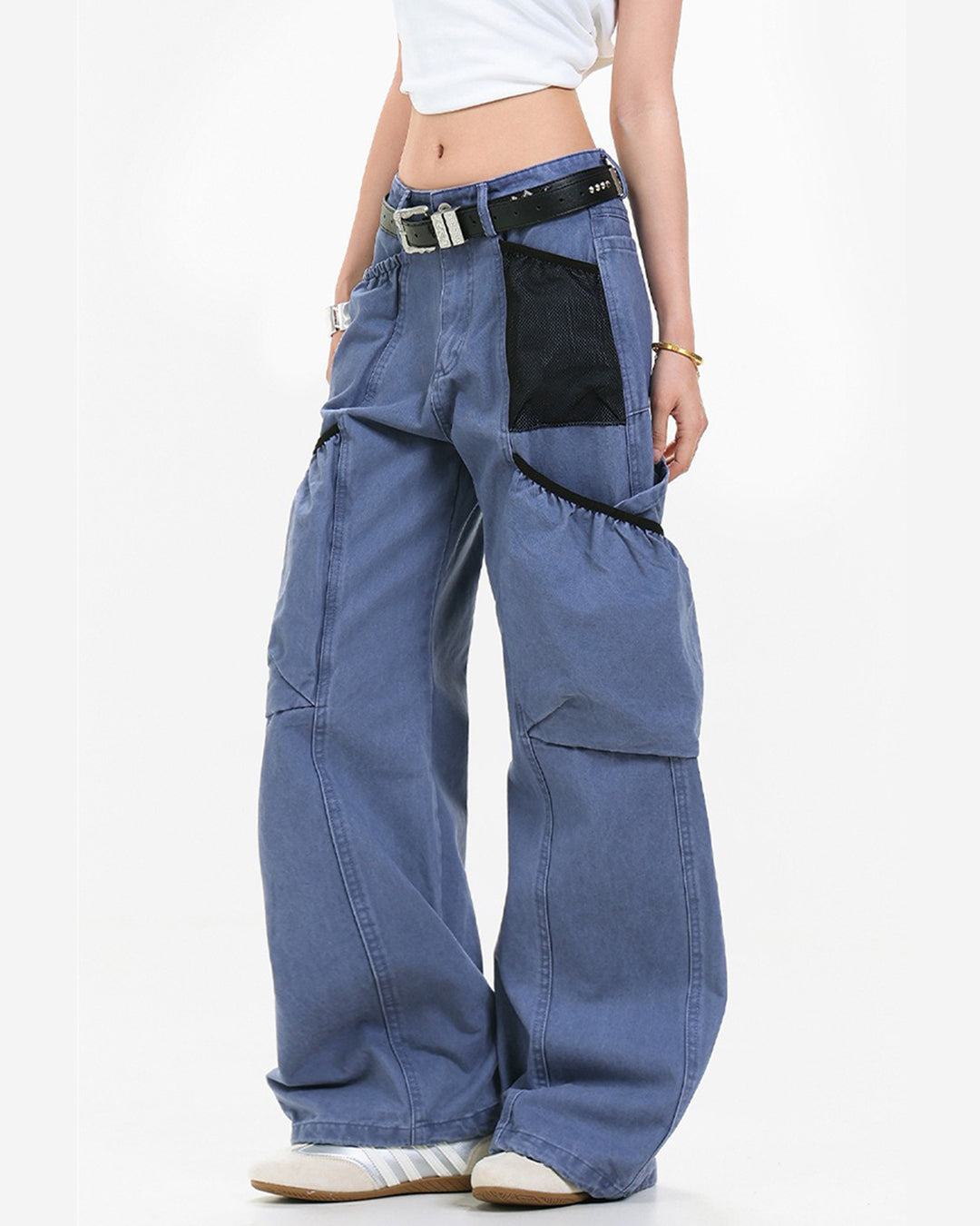 MESH BAG PATCHWORK MULTI-POCKET CARGO PANTS - BLUE