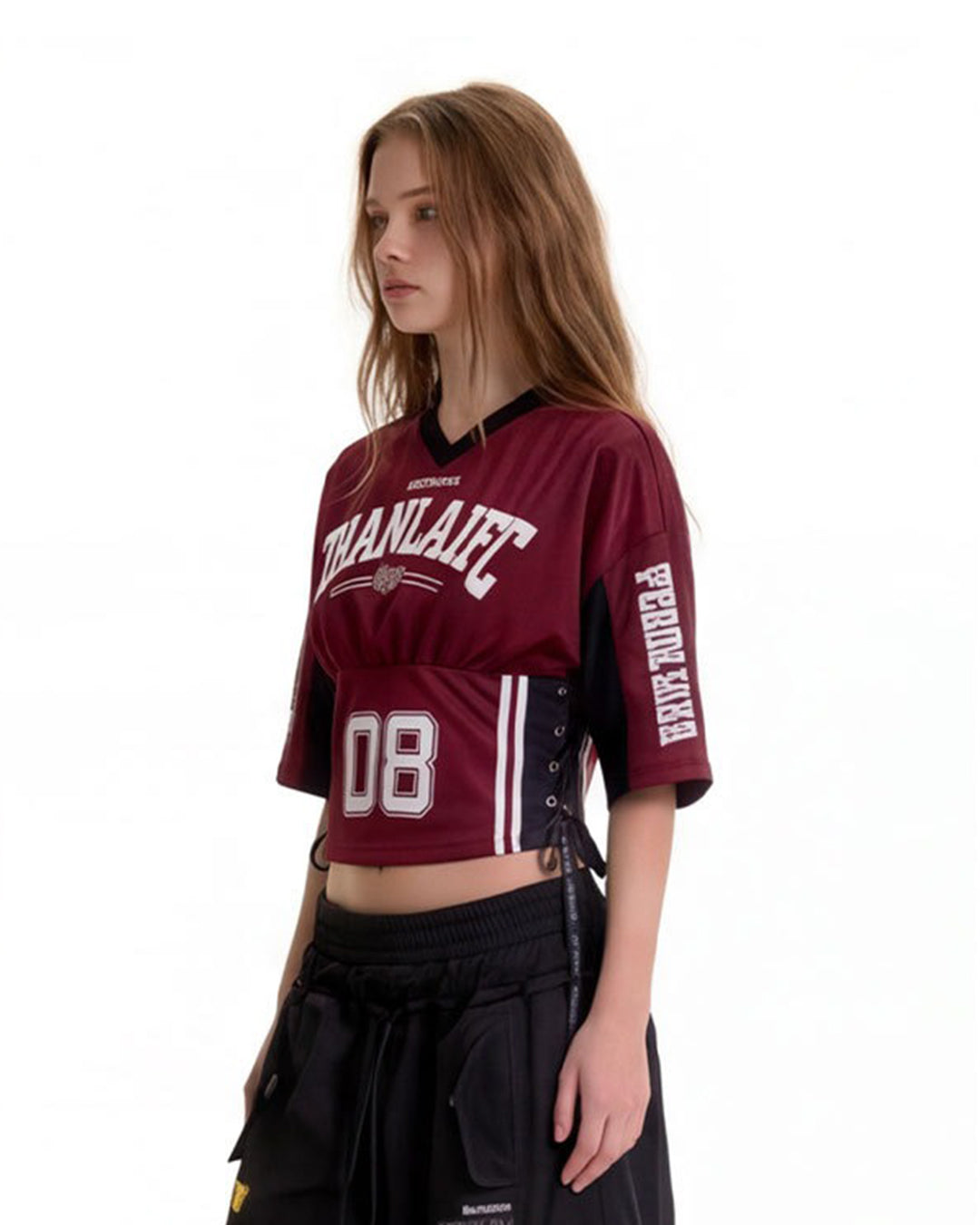 CONTRAST LACE-UP CROPPED JERSEY T-SHIRTS - RED