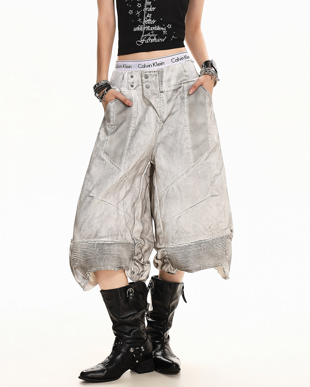 DIRTY WASH DISTRESSED CROPPED DENIM JEANS - WHITE