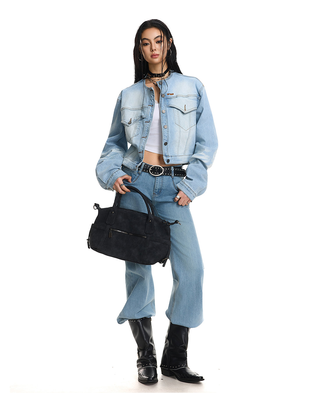 DECONSTRUCTED EMBROIDERED LOGO DENIM JACKETS - LIGHT BLUE