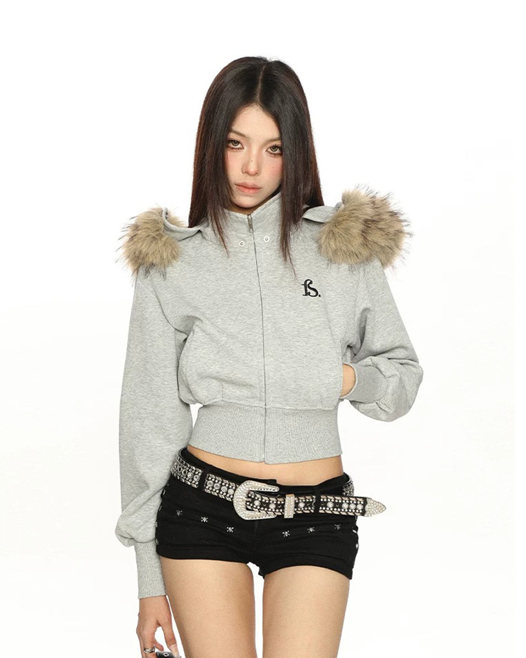 FUR COLLAR CROPPED ZIP HOODIES - HEATHER GREY