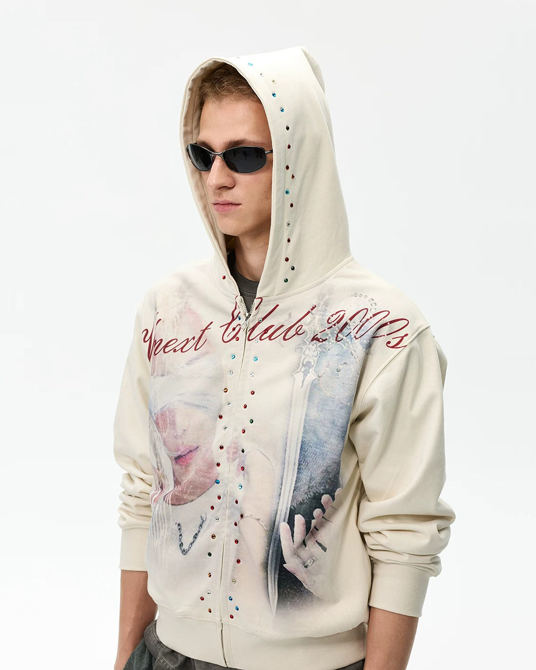 CROPPED RHINESTONE ZIP-UP HOODIES - Beige