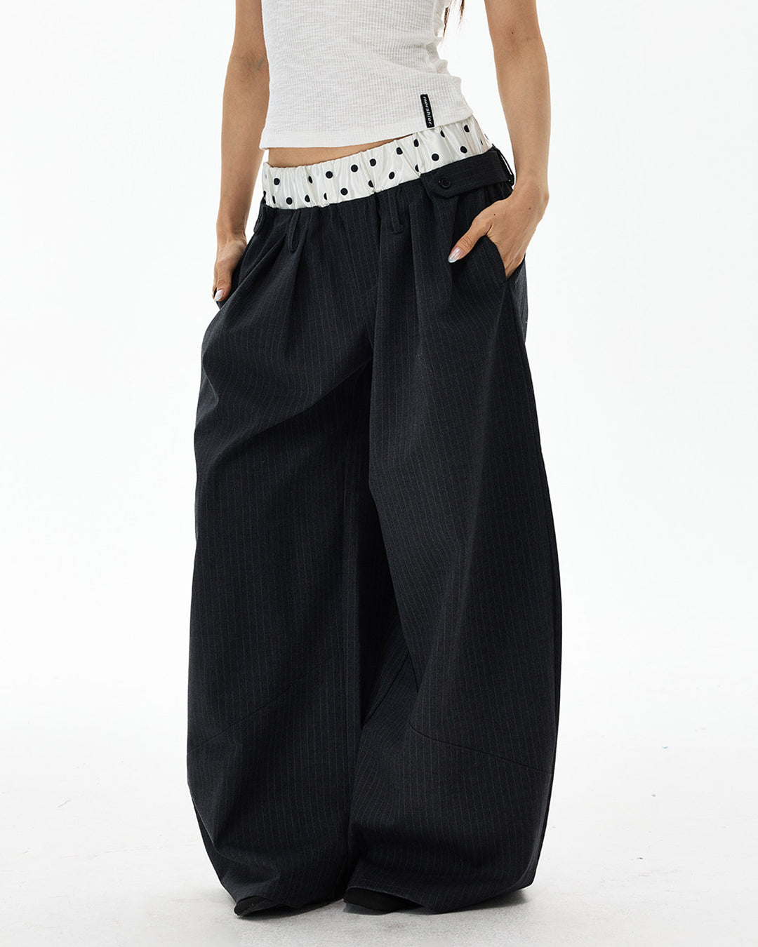 POLKA DOT DOUBLE WAIST STRIPED CASUAL PANTS - GRAY