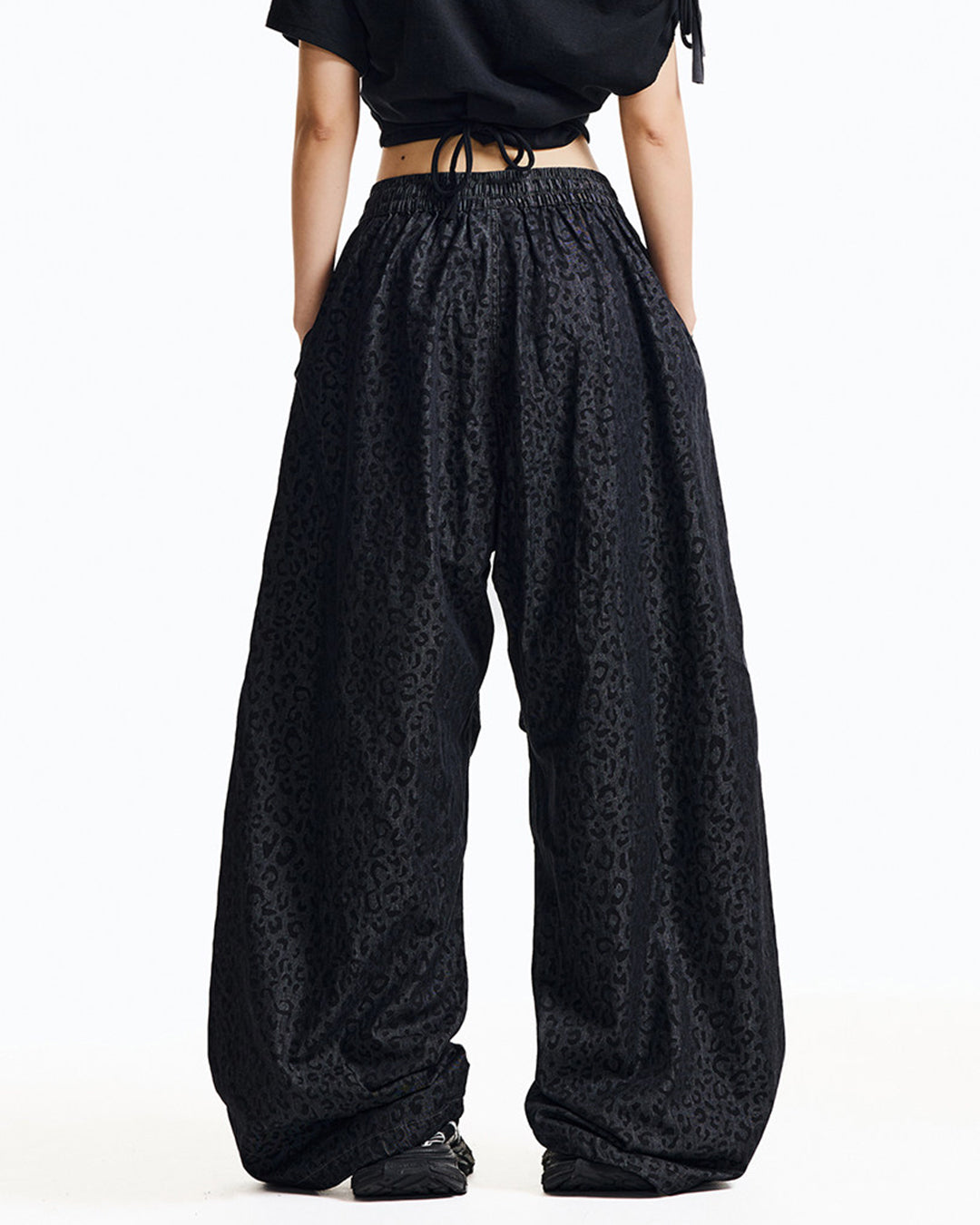 LEOPARD PRINT WIDE LEG DANCE DENIM PANTS - BLACK