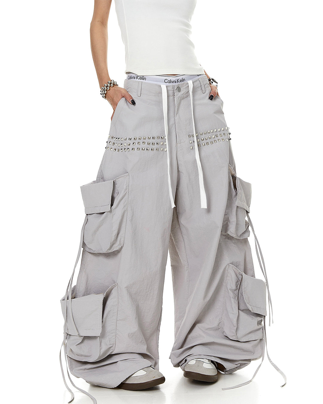ALL-OVER SEQUIN STUDDED PARACHUTE CARGO PANTS -  GRAY