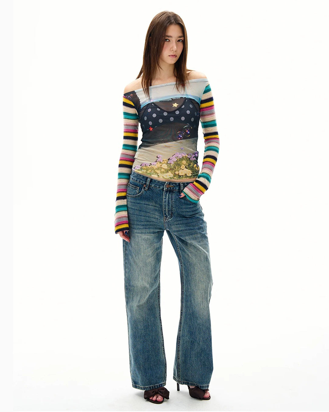 COLOR-BLOCK SEMI-SHEER STRIPED PATCHWORK TOPS - GREEN