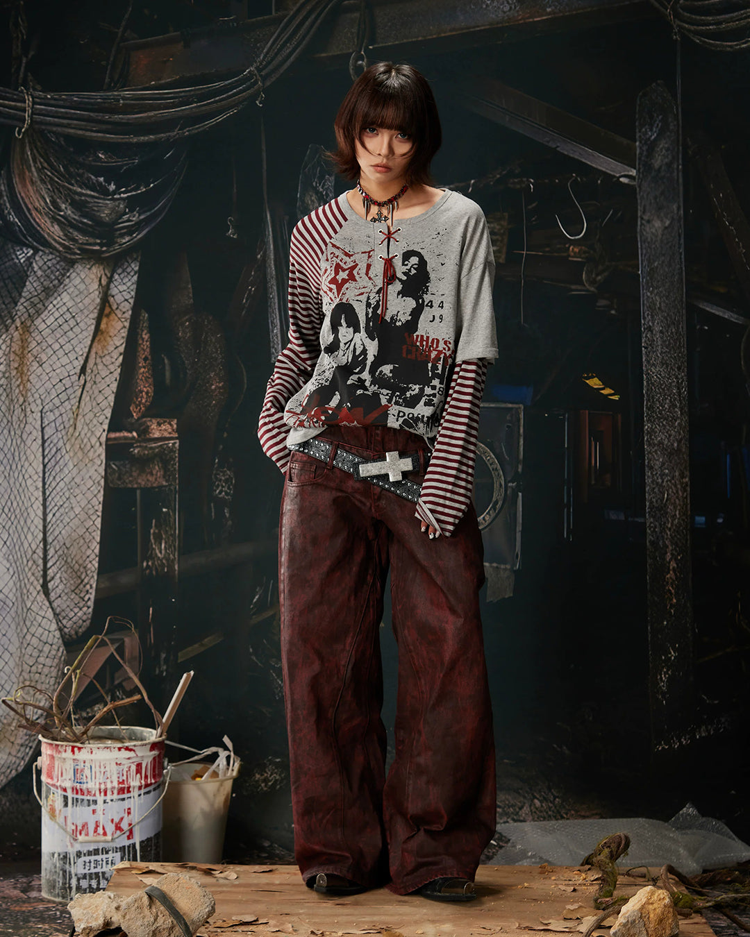 PUNK PATCHWORK STRIPED PRINT TOPS