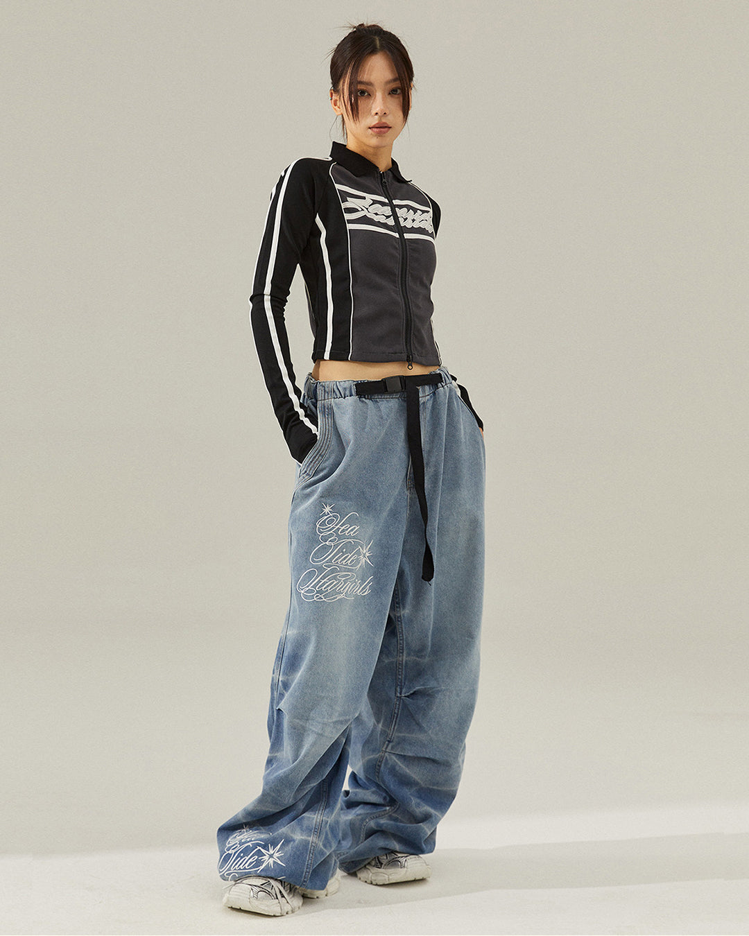WAVE EMBROIDERY JAZZ DANCE DENIM PANTS - BLUE