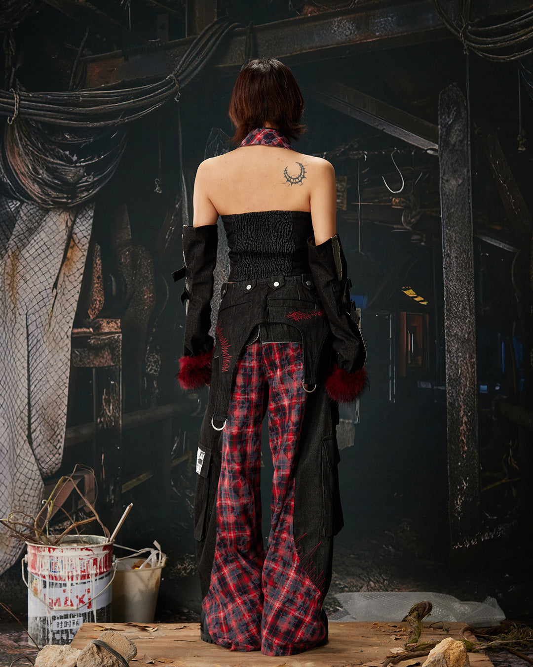EMBROIDERED PATCHWORK PLAID DENIM PANTS - BLACK &amp; RED