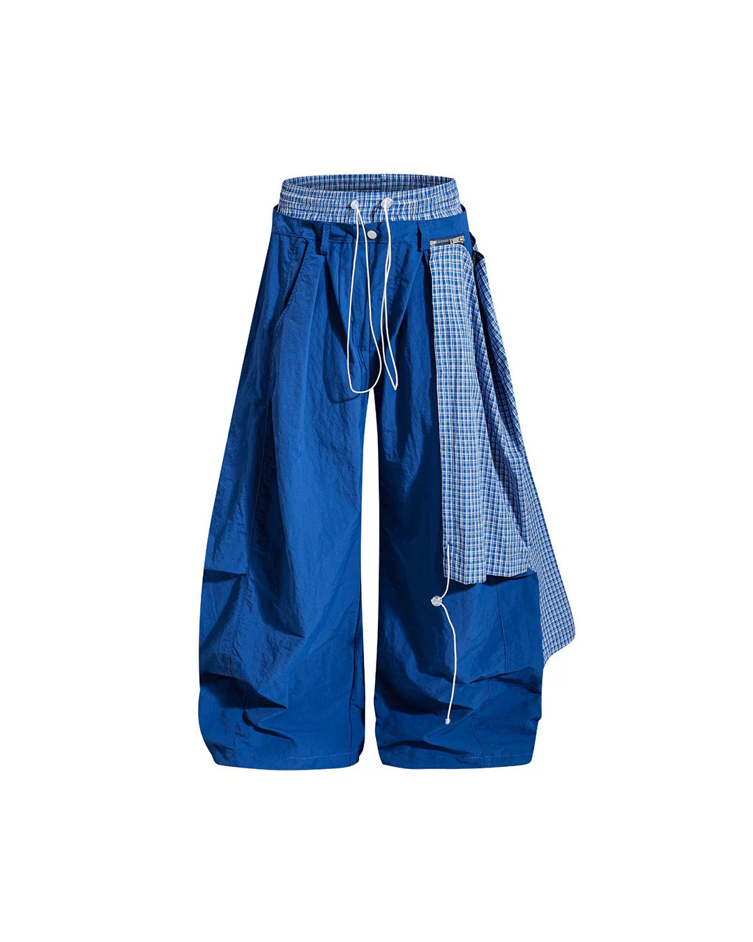 DOUBLE WAIST PLAID APRON PARACHUTE PANTS - BLUE