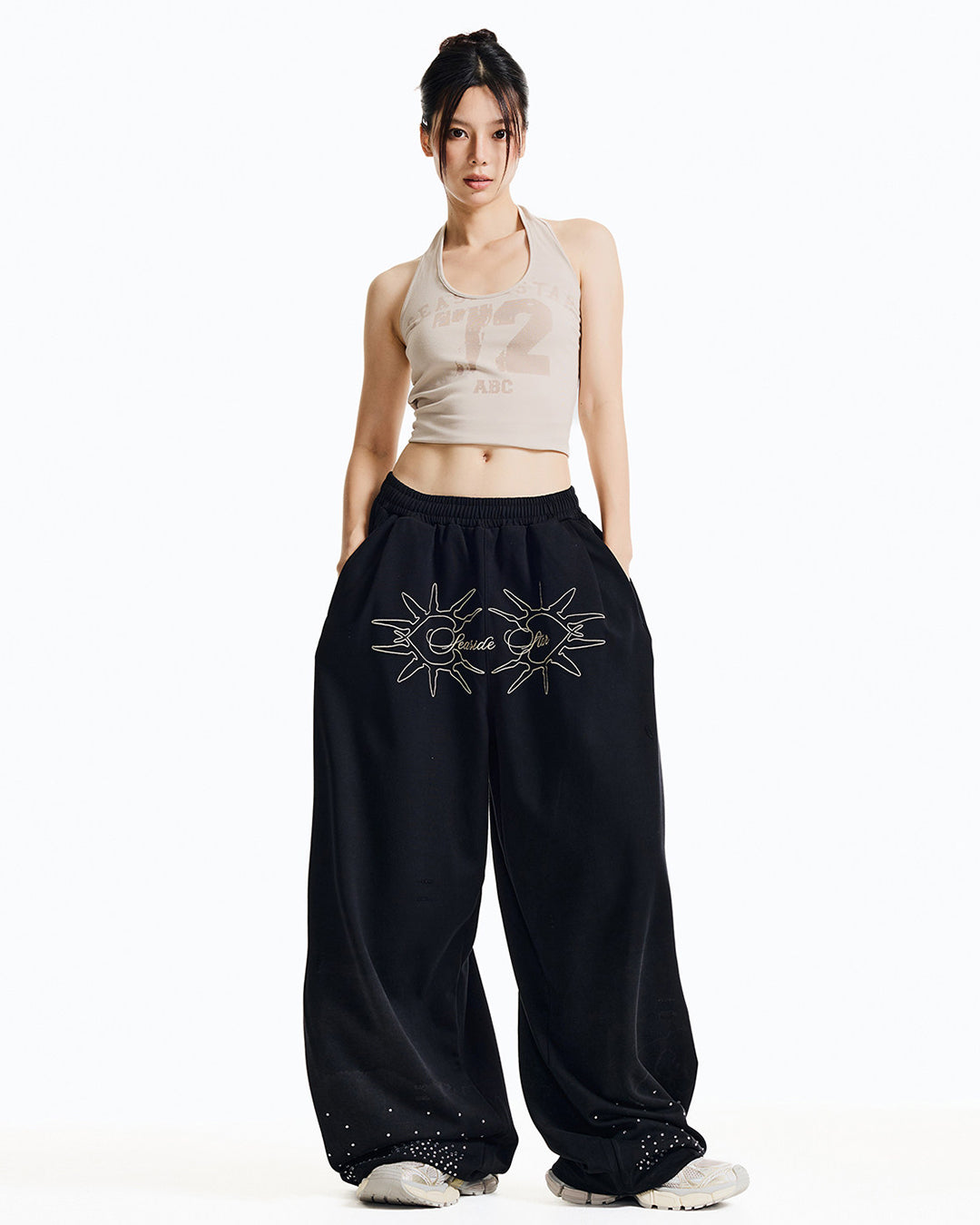 VINTAGE EMBROIDERED GRADIENT RHINESTONE SWEATS - BLACK