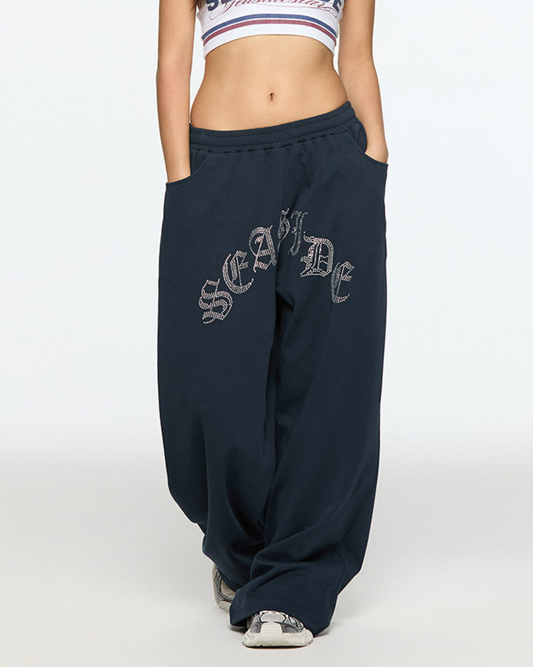 RHINESTONE LETTER DETAIL DANCE SWEATS - NAVY BLUE
