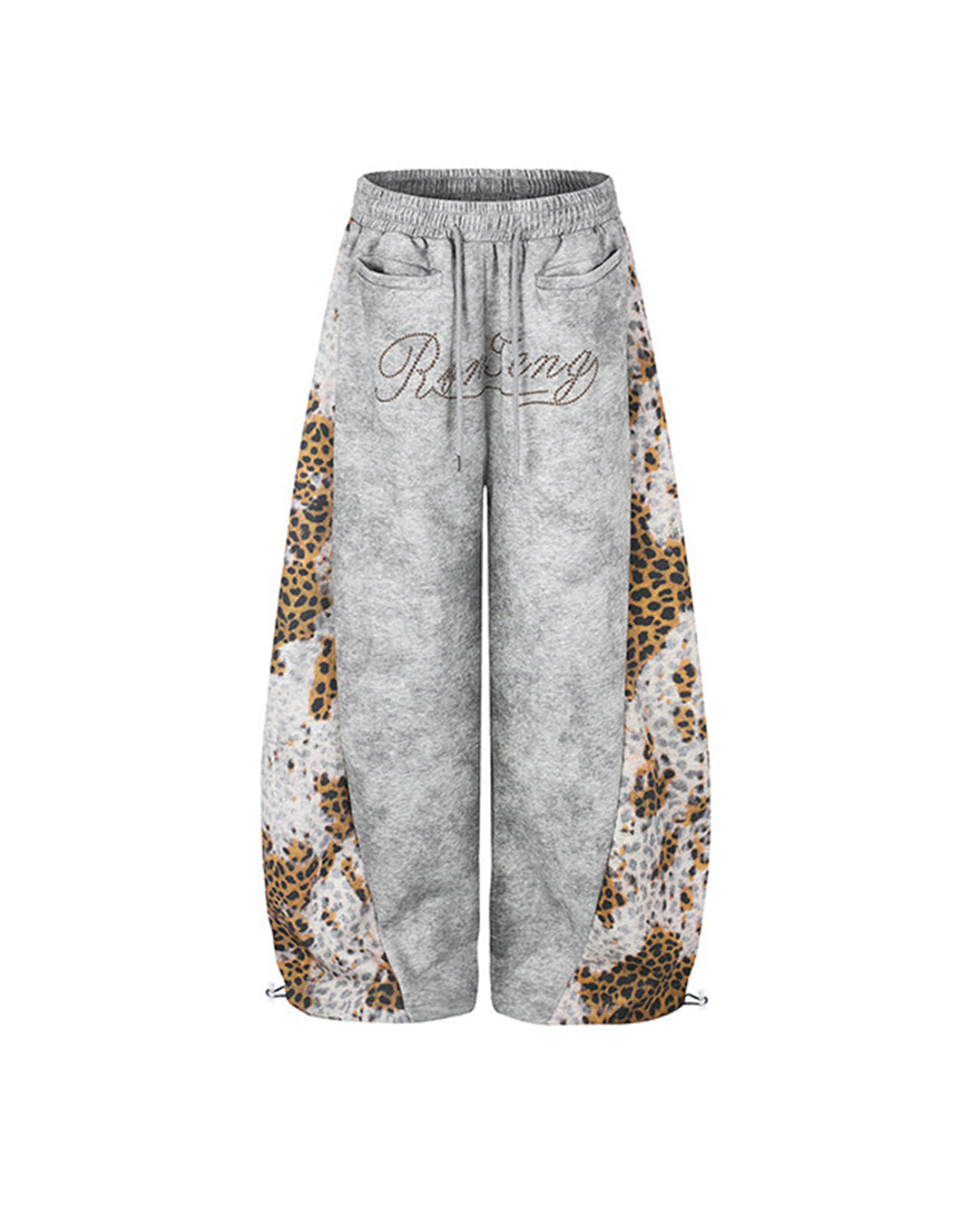 VINTAGE DIRTY-WASH LEOPARD PANEL BEADED JOGGERS - GREY