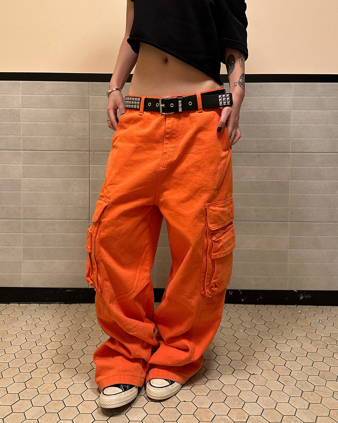 MULTI-POCKET WIDE LEG CARGO PANTS - ORANGE