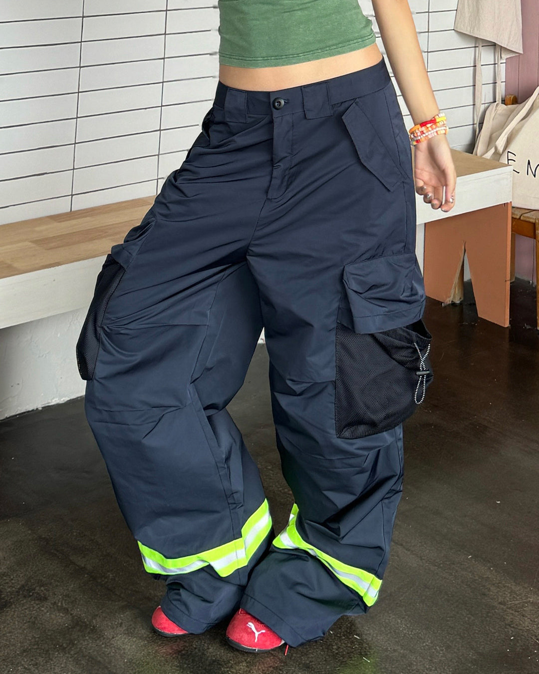 STREETWEAR REFLECTIVE STRIP CARGO PANTS - NAVY BLUE