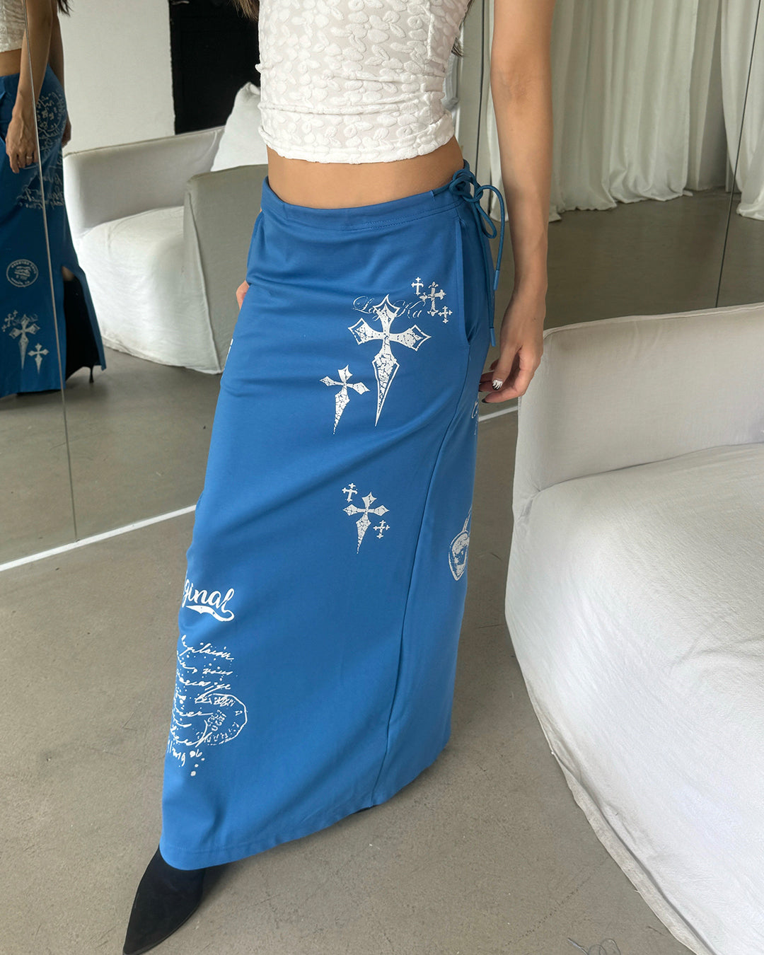 CROSS &amp; LETTER PRINT DRAWSTRING MIDI SKIRTS - BLUE