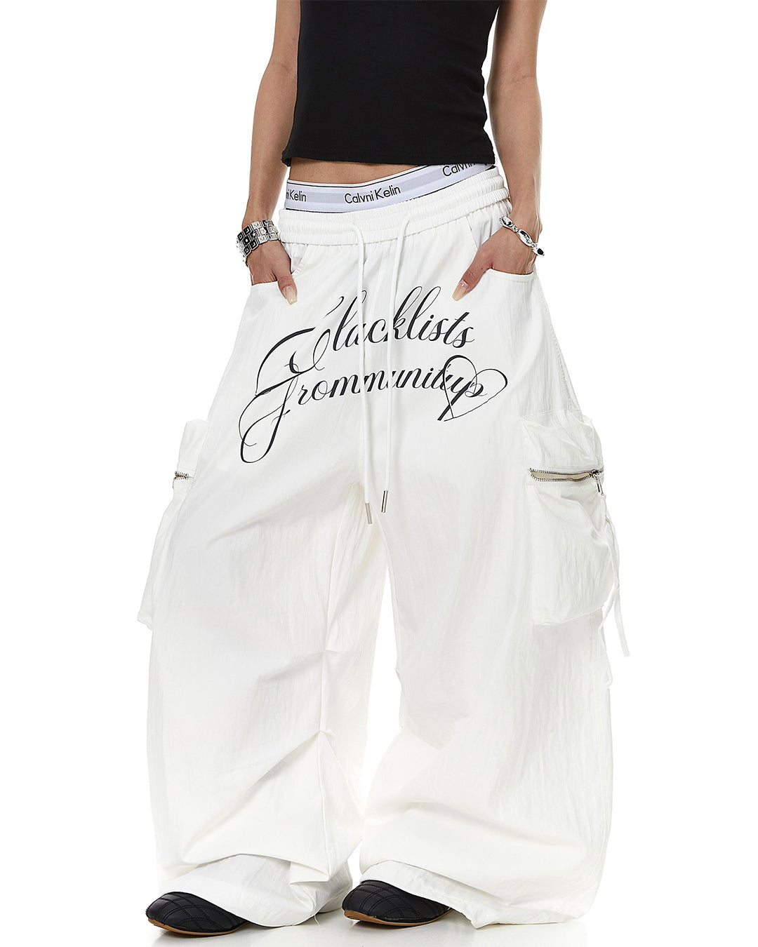 LETTER PRINT MULTI-POCKET PARACHUTE CARGO PANTS - WHITE