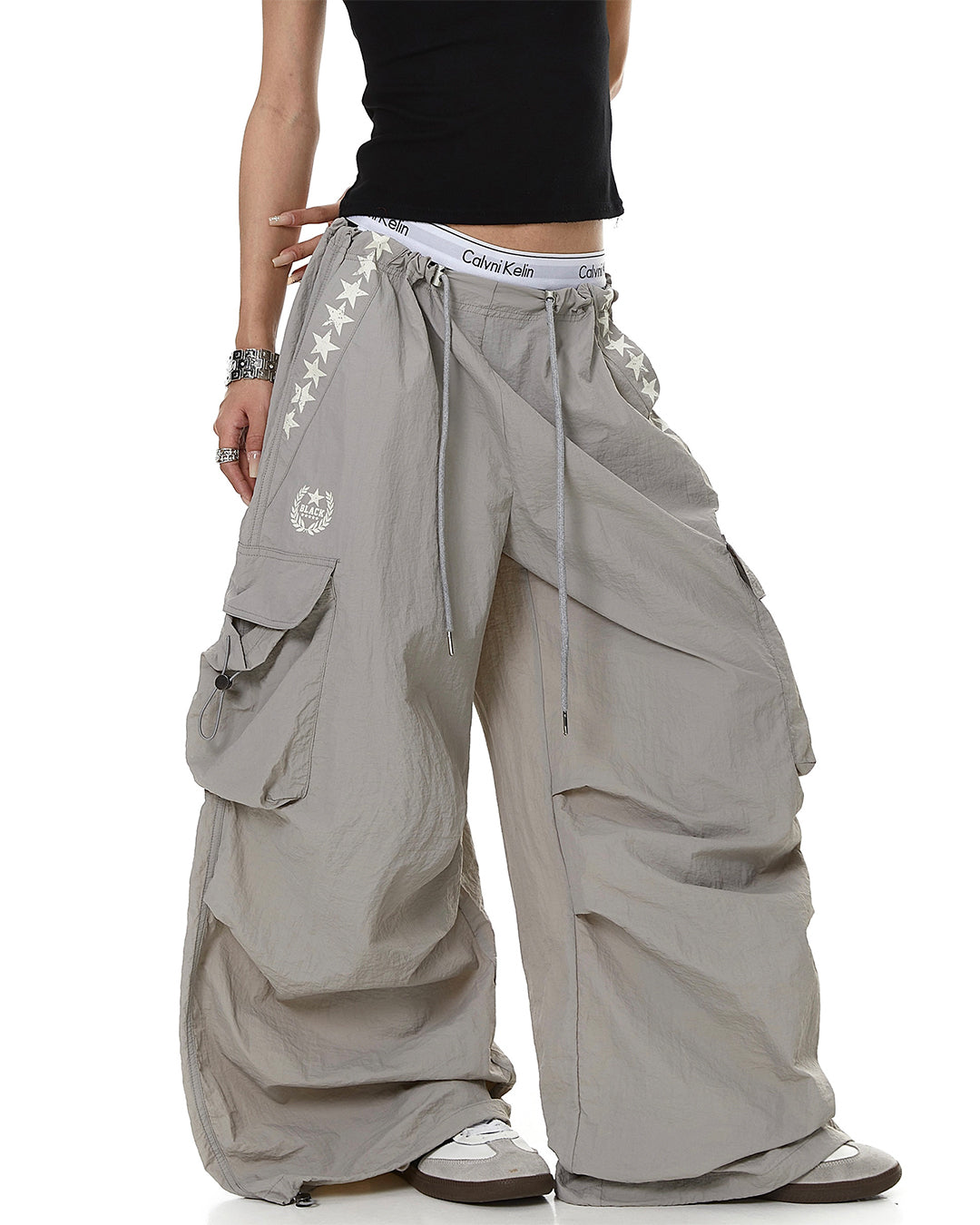 STAR PRINT PLEATED QUICK-DRY CARGO PANTS - GREY