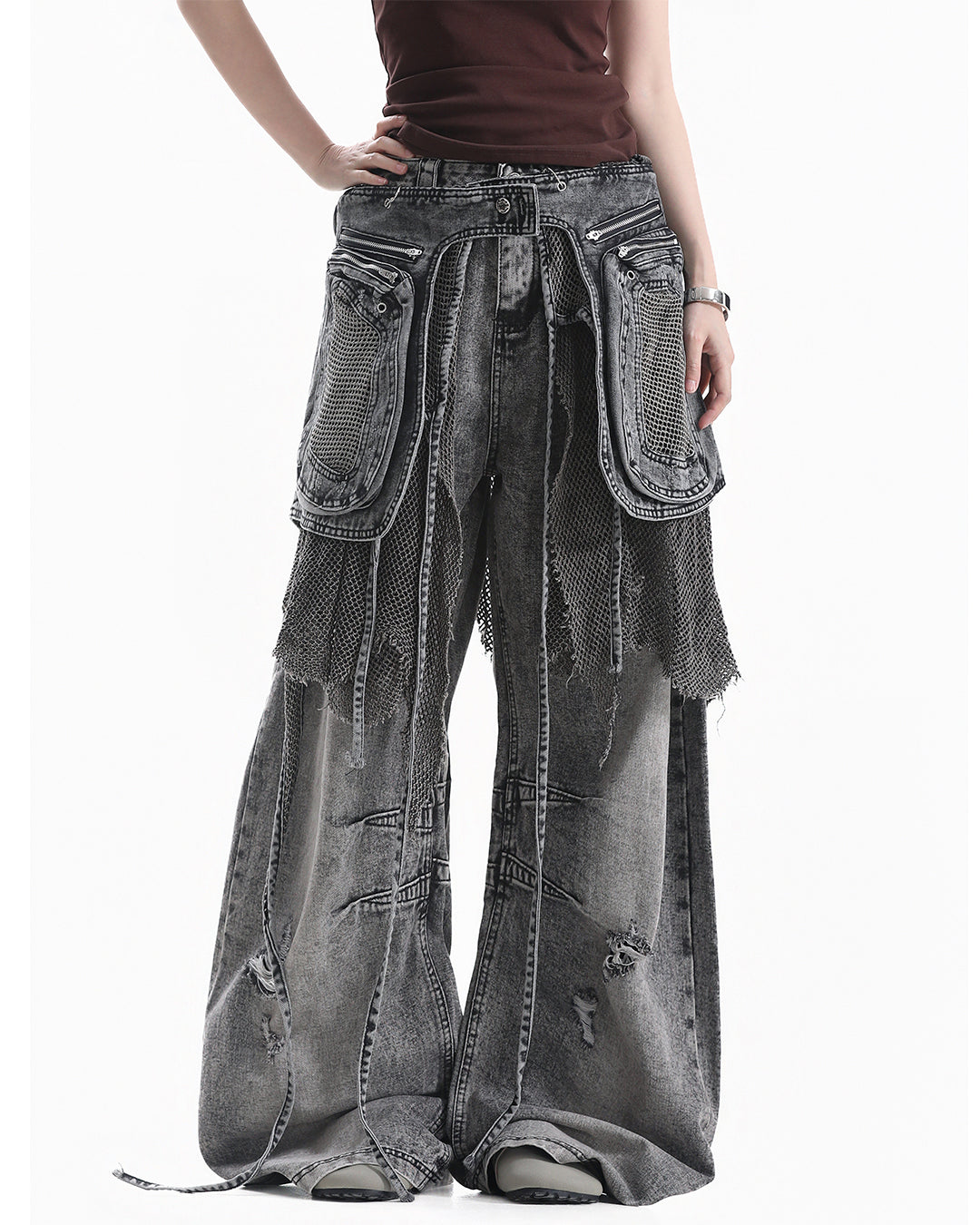 STREET CONVERTIBLE CARGO SCIMITAR DENIM PANTS - BLACK &amp; GREY
