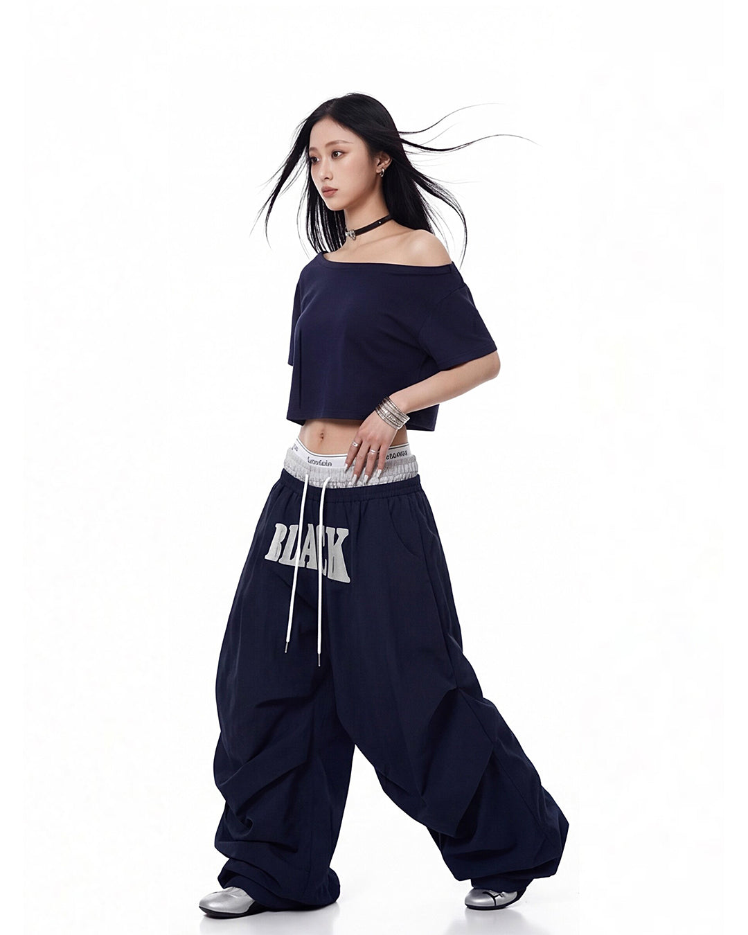 ASYMMETRIC OFF-SHOULDER CROPPED T-SHIRTS - NAVY BLUE