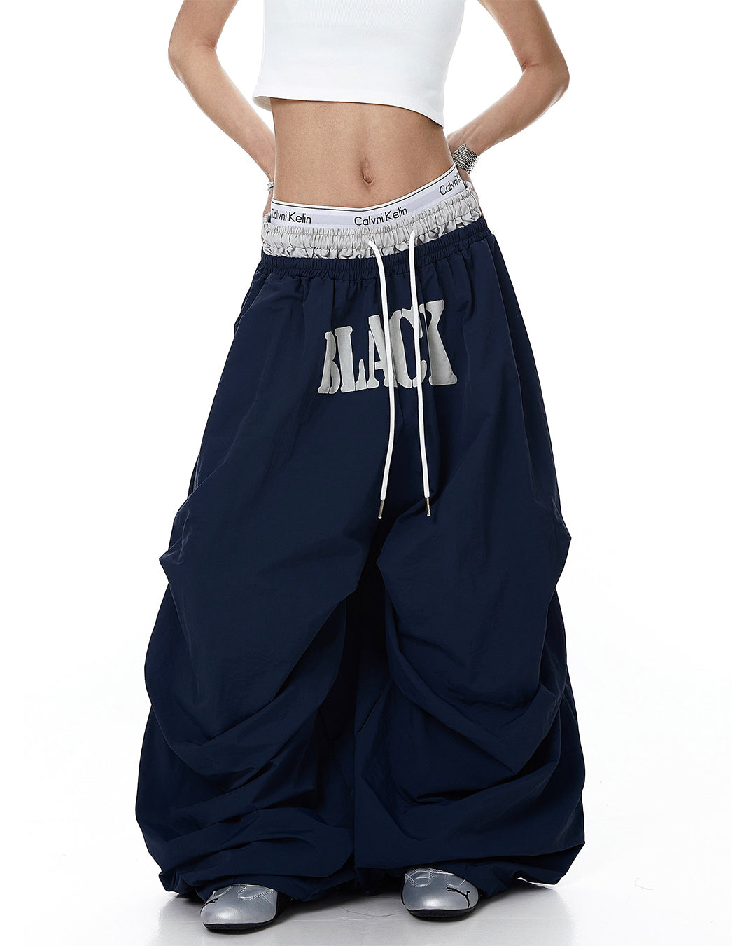 DOUBLE-WAIST LETTER PRINT PARACHUTE PANTS - NAVY BLUE