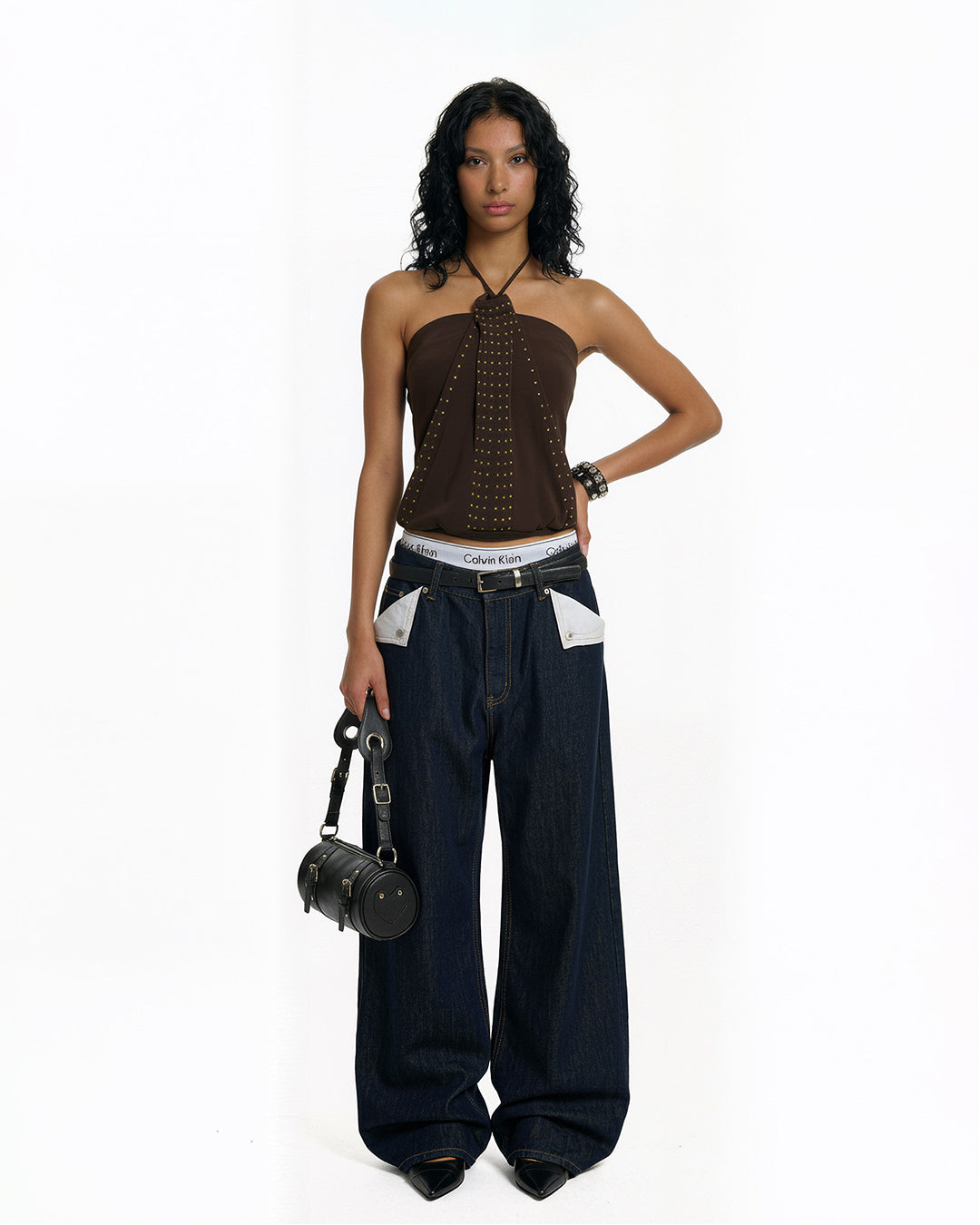 VINTAGE RIVET DETAIL FAUX TWO-PIECE CAMI TOPS - BROWN