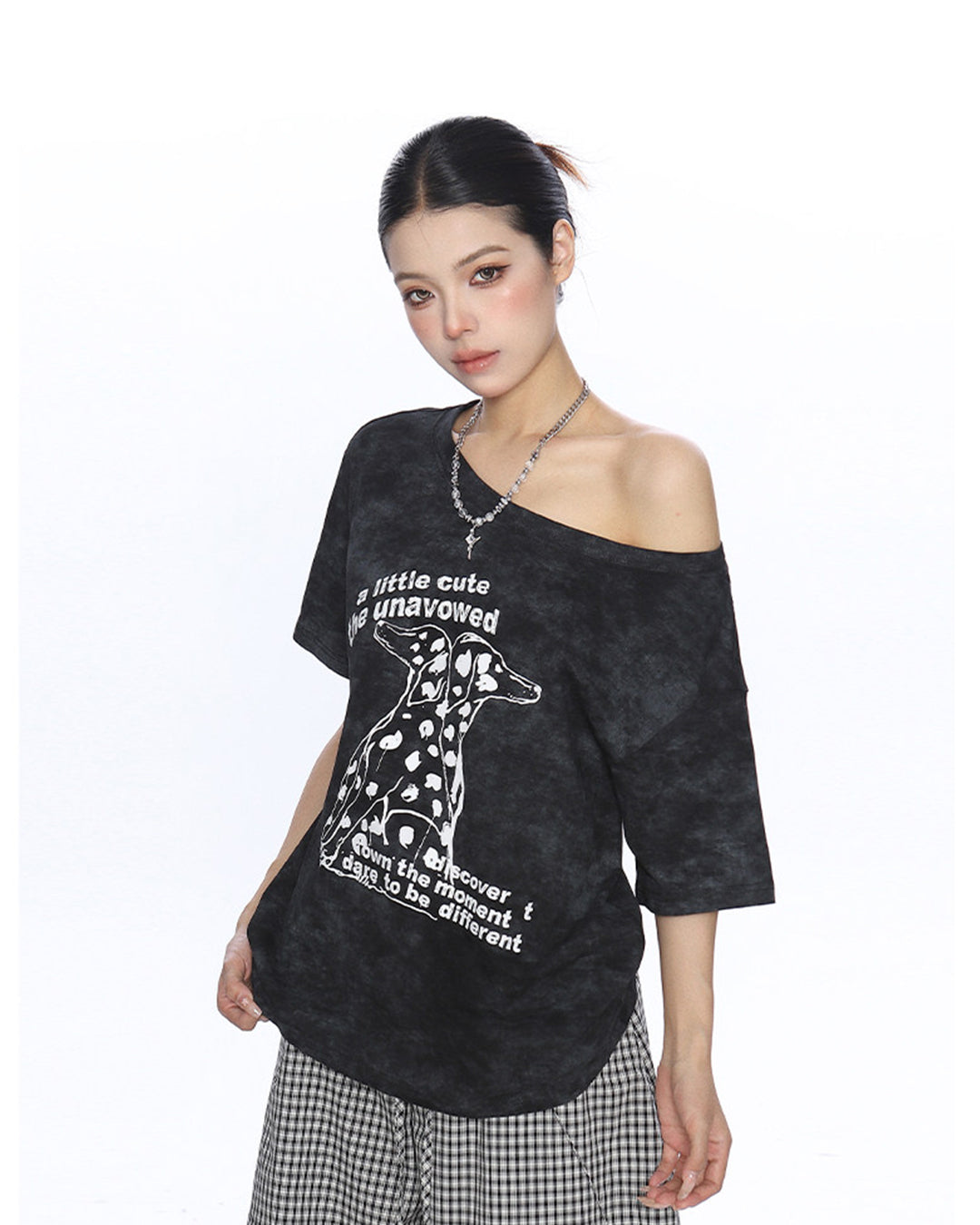 DALMATIAN PRINT ASYMMETRIC SHOULDER T-SHIRTS - BLACK