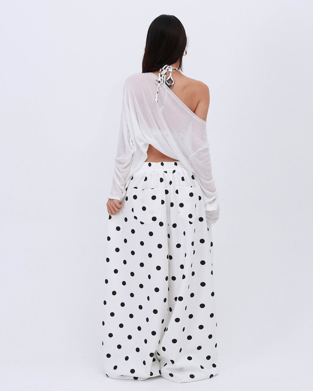 ALL-OVER POLKA DOT LOOSE FIT CASUAL PANTS - WHITE