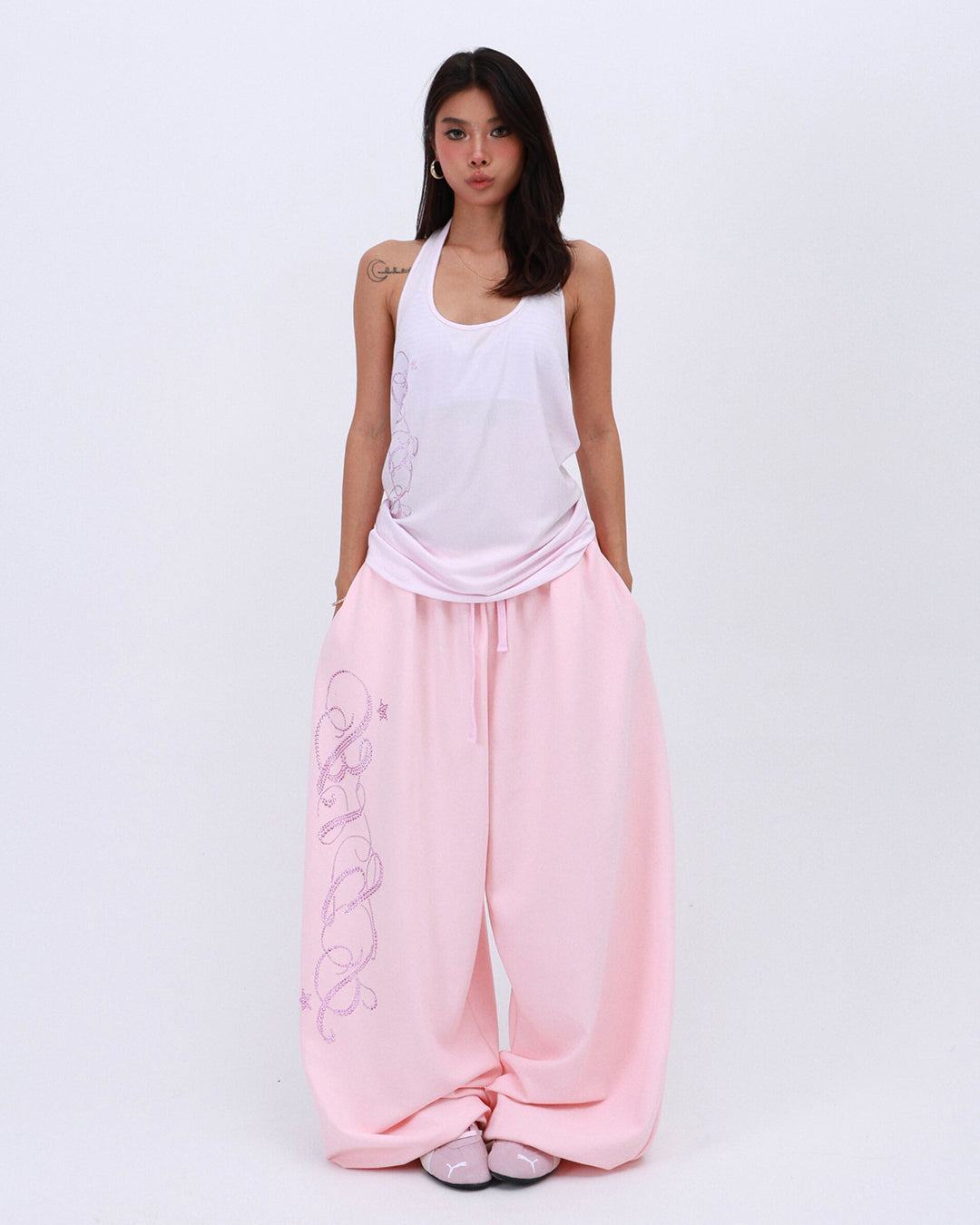 SPARKLE RHINESTONE RELAXED SPORTS PANTS - PINK