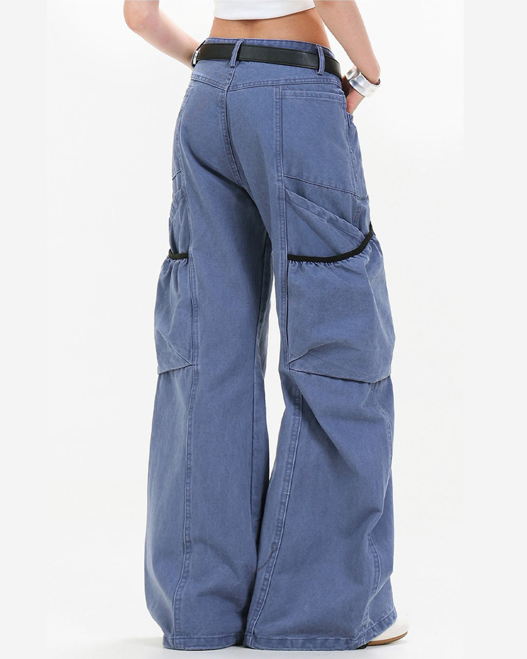 MESH BAG PATCHWORK MULTI-POCKET CARGO PANTS - BLUE