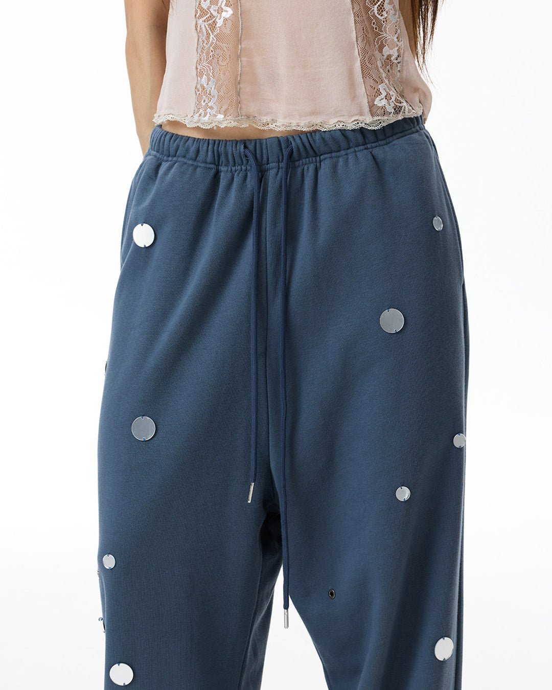 DISTRESSED SEQUIN STRAIGHT-LEG SWEATPANTS - MISTY BLUE